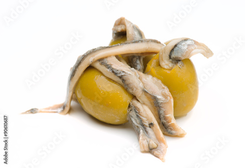 anchovy-stuffed olives in white base