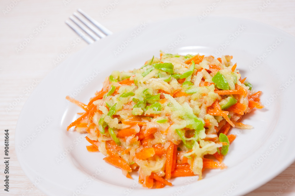 Fruit salad with carrots, apples, bananas Fruit salad with carrots, apples, bananas