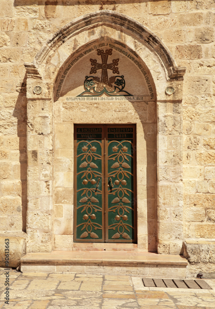 Green door in the Church of the Holy Sepulchre in Jerusalem, Israel