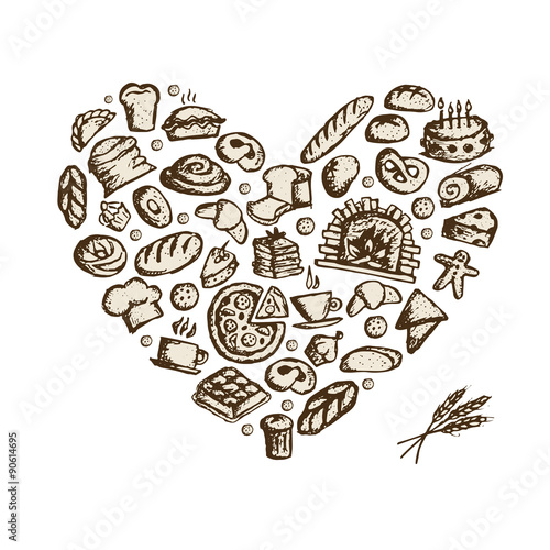 Bakery concept, love heart, sketch for your design