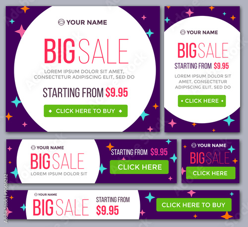 Big, half price and one day sale banners. Vector.