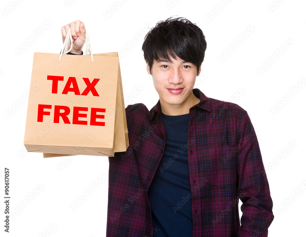Happy Asian man shopper holding shopping bag for showing phrase Happy Asian man shopper holding shopping bag for showing phrase