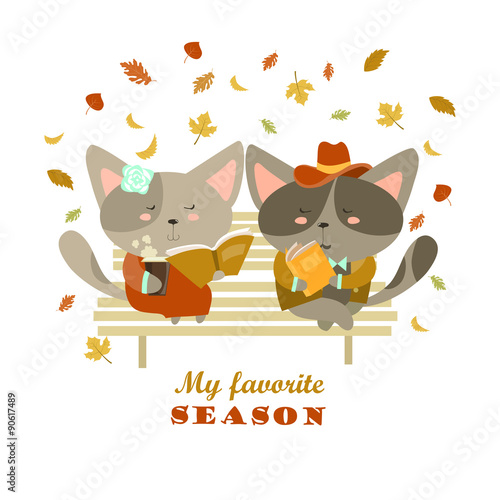 Couple of cats sitting on bench reading books and flirting