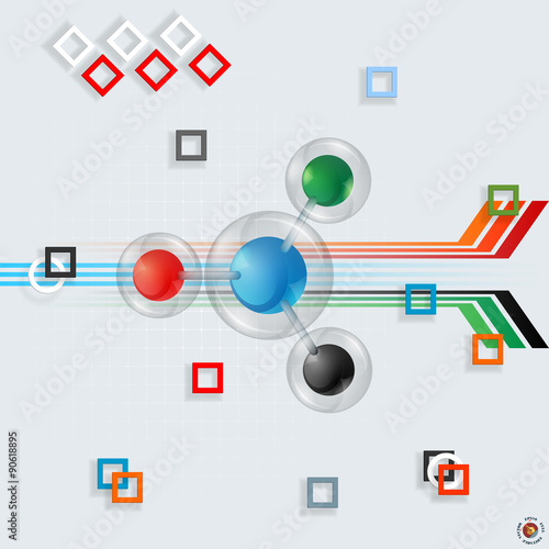 Abstract, design background; Three dimensions composition with chemical structure made from spheres inside glass globes/buttons and colorful squares mosaic on squared backdrop; Large space for text