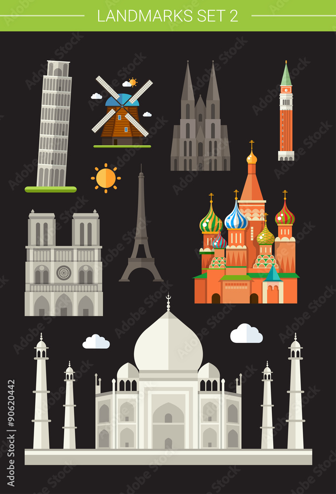 Fototapeta premium Set of flat design famous world landmarks icons