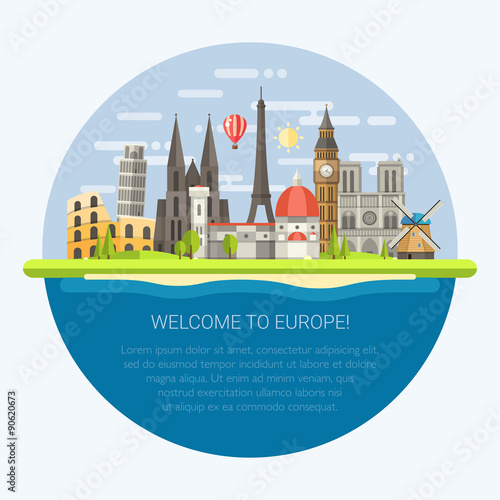 Illustration of flat design composition with famous european wor