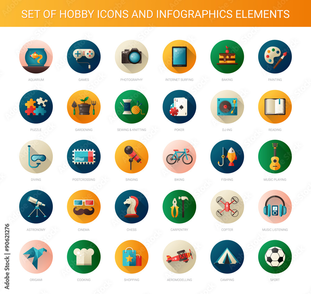 Set of modern flat design hobby icons and infographics elements Set of modern flat design hobby icons and infographics elements