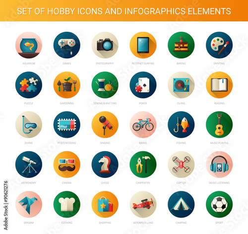 Set of modern flat design hobby icons and infographics elements