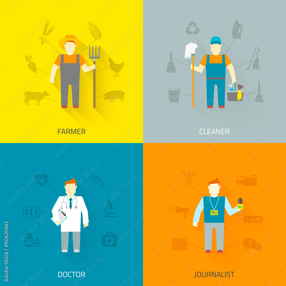 Profession characters 4x4 icons composition flat Profession characters 4x4 icons composition flat