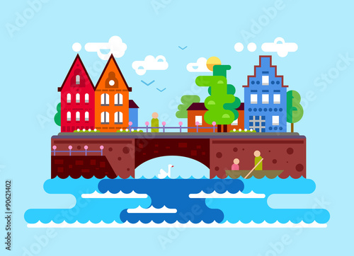 Flat design illustration of summer European beautiful landscape 