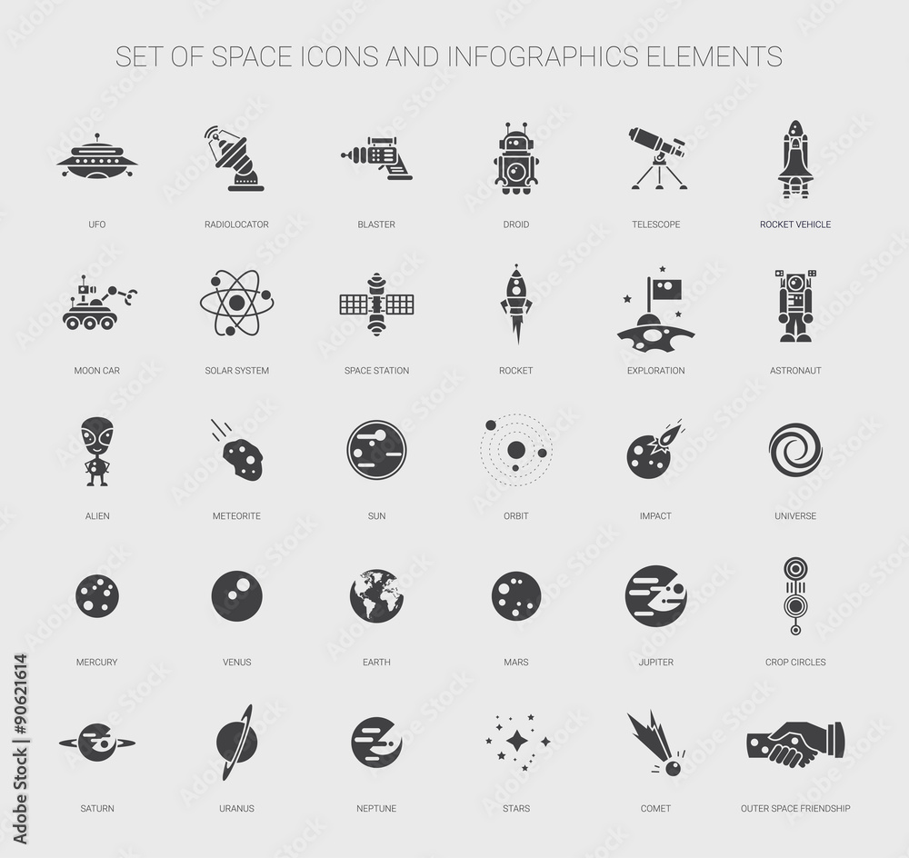 Fototapeta premium Set of space icons, pictograms and infographics elements