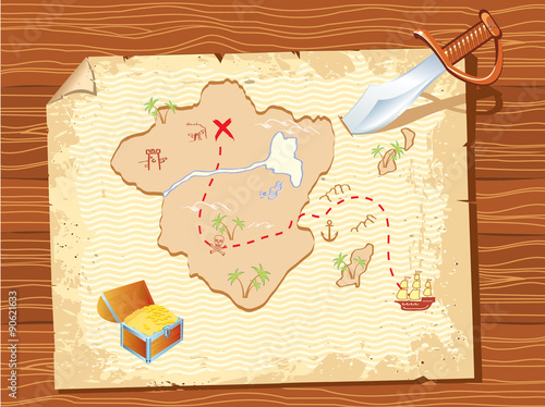 Old parchment with pirate map and dagger- vector illustration.