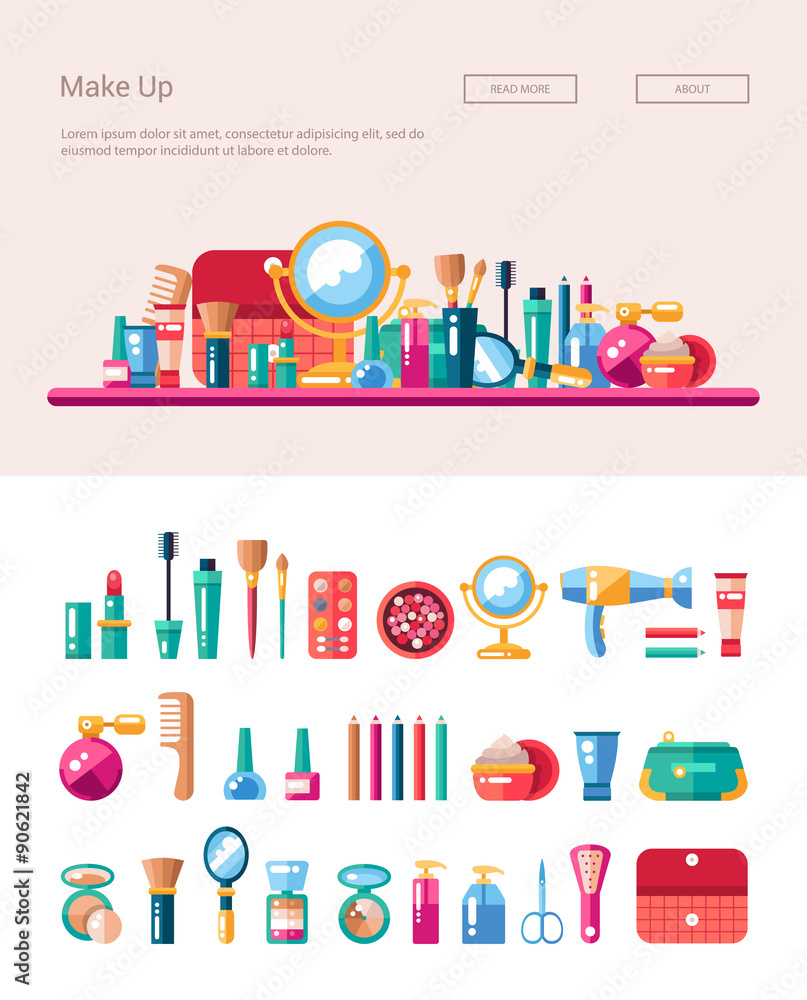 Set of flat design cosmetics, make up icons and elements with