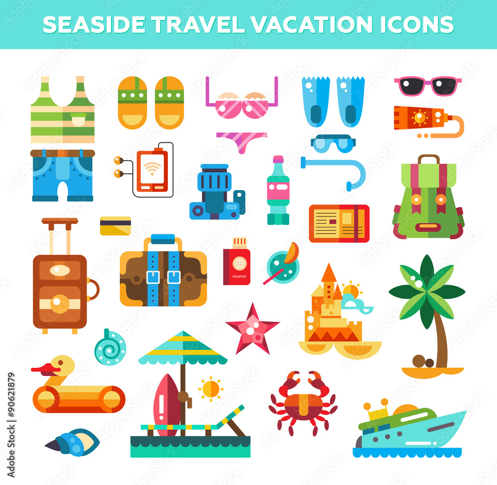 Fototapeta premium Set of flat design seaside travel vacation icons and