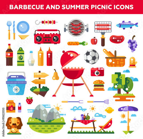 Set of flat design barbecue and summer picnic icons