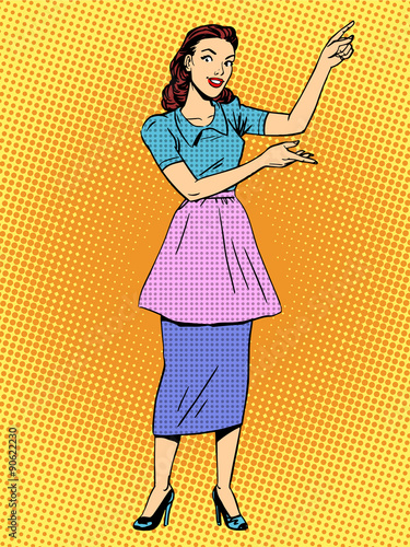 Housewife shows hands retro style pop art