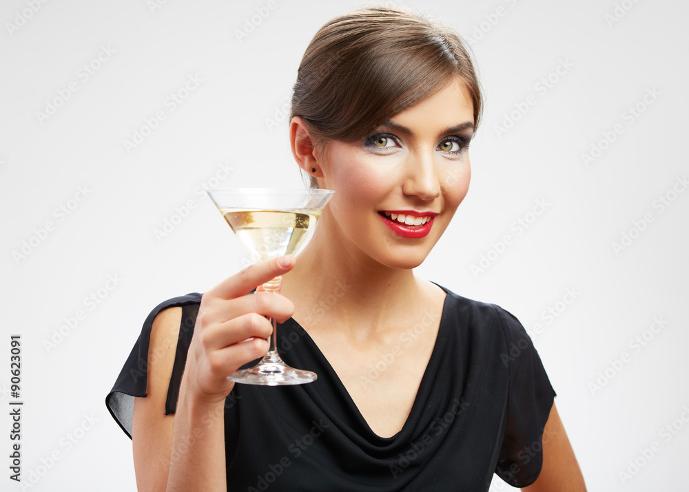 Portrait of smiling woman holding glass with drink. Portrait of smiling woman holding glass with drink.