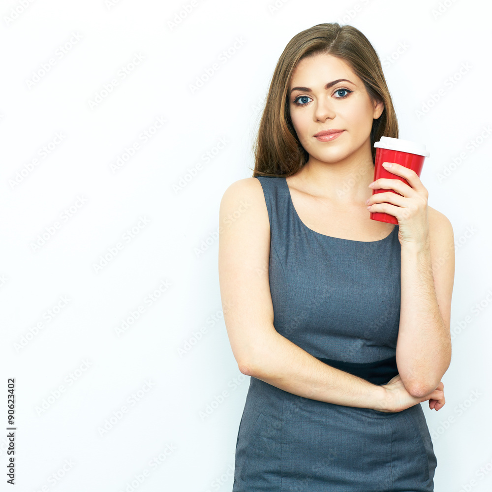 Red coffee cup. Relax time concept. Smiling business woman Red coffee cup. Relax time concept. Smiling business woman