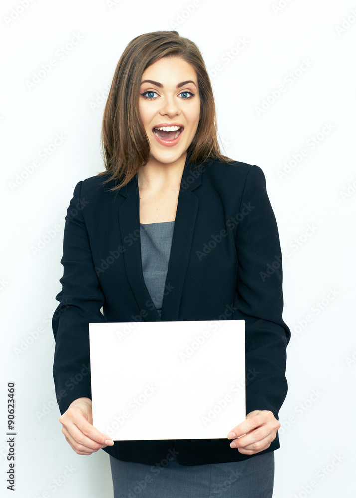Happy emotional business woman show white sign card. Happy emotional business woman show white sign card.