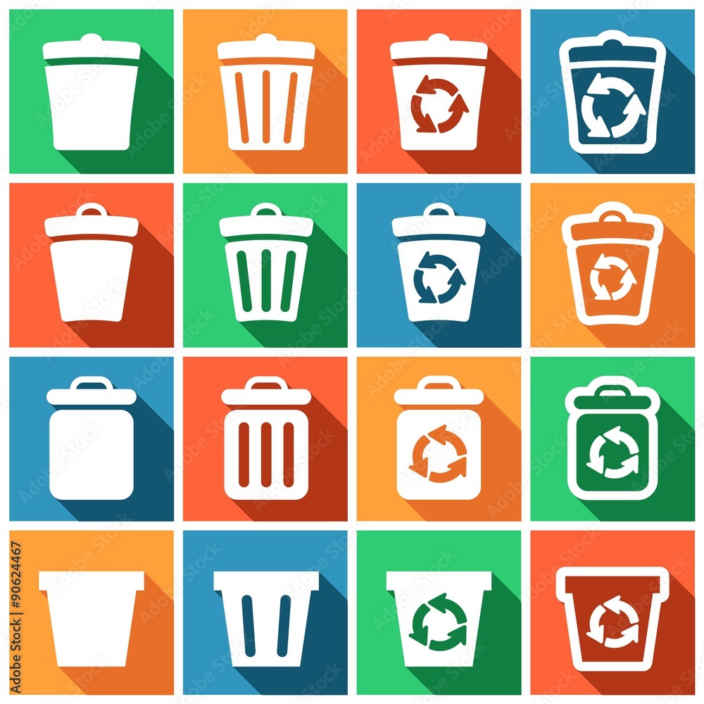 Set of flat colored simple web icons (recycle bins), vector illustration Set of flat colored simple web icons (recycle bins), vector illustration