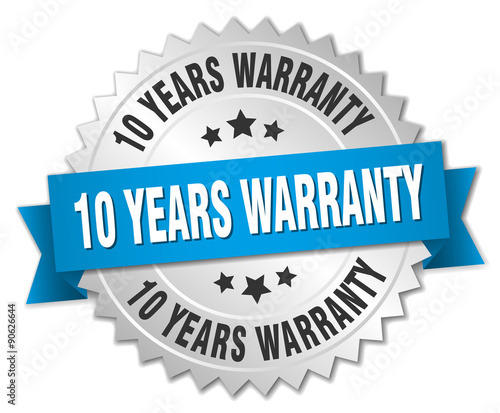 10 years warranty 3d silver badge with blue ribbon