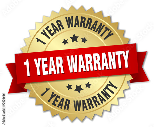 1 year warranty 3d gold badge with red ribbon