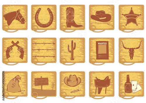 Icons elements for cowboy life.Vector brown silhouettes on white