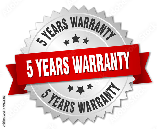 5 years warranty 3d silver badge with red ribbon