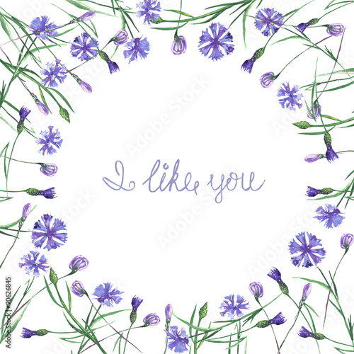 Wreath of cornflowers painted in watercolor on a white background, decoration postcard or invitation © nastyasklyarova