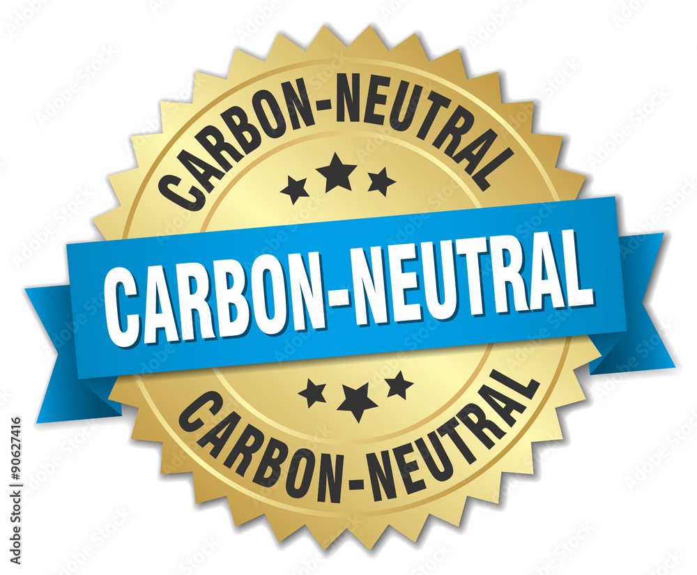 carbon-neutral 3d gold badge with blue ribbon