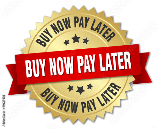 buy now pay later 3d gold badge with red ribbon