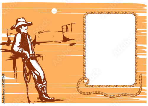 Cowboy on rancho with lasso.Vector graphic image.Background