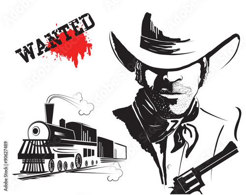 Vector bandit and locomotive. Western poster