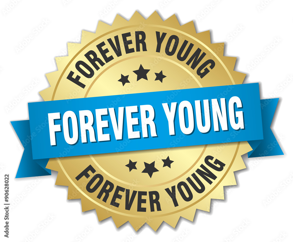 forever young 3d gold badge with blue ribbon