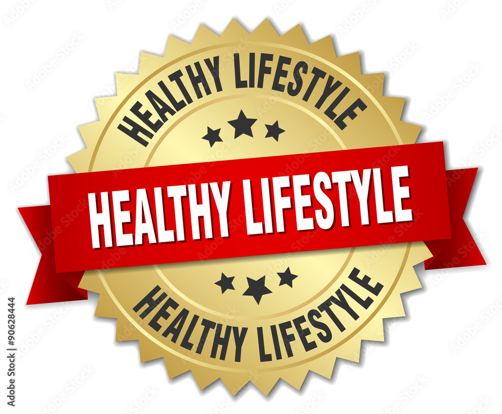 healthy lifestyle 3d gold badge with red ribbon healthy lifestyle 3d gold badge with red ribbon