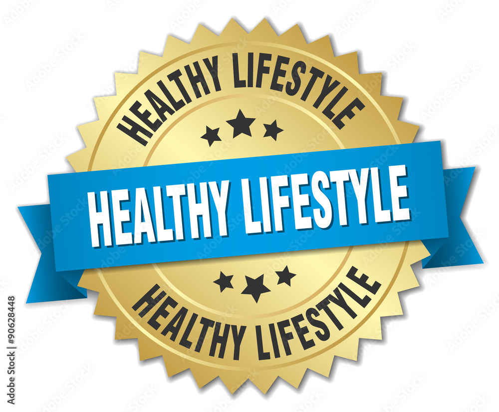 healthy lifestyle 3d gold badge with blue ribbon