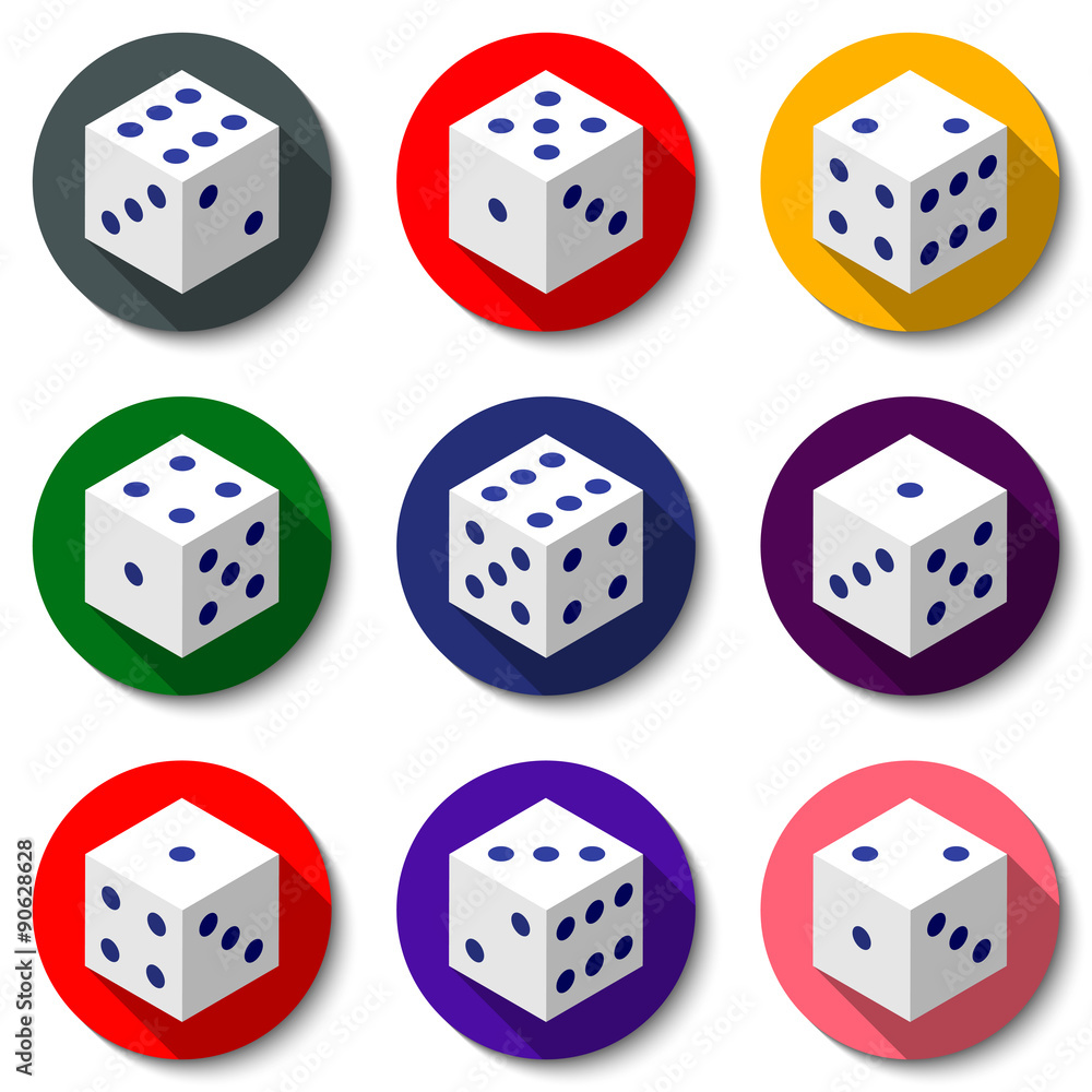 White casino dice on a colorful background. Set of modern icons with long shadows. Vector illustration White casino dice on a colorful background. Set of modern icons with long shadows. Vector illustration