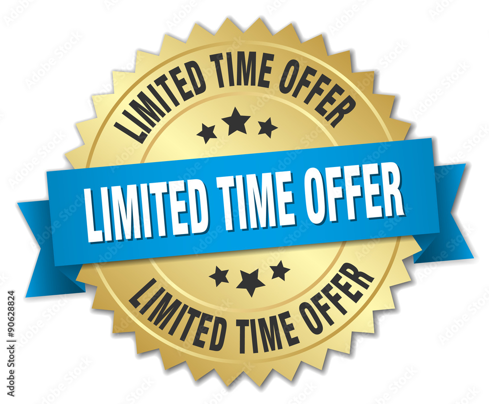 limited time offer 3d gold badge with blue ribbon