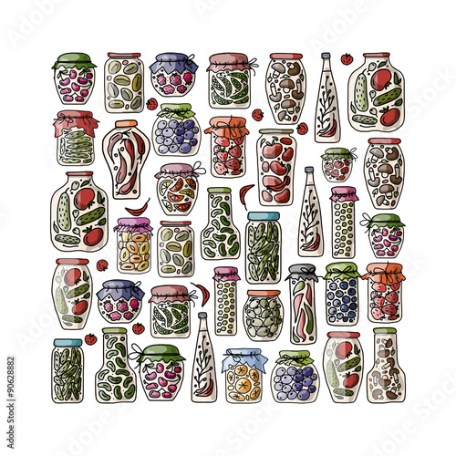 Set of pickle jars with fruits and vegetables
