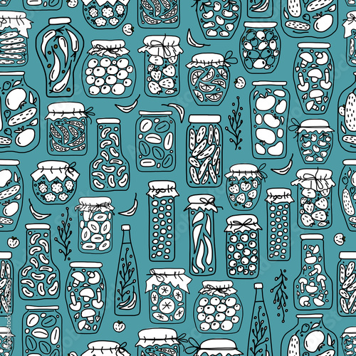 Seamless pattern with pickle jars fruits and vegetables