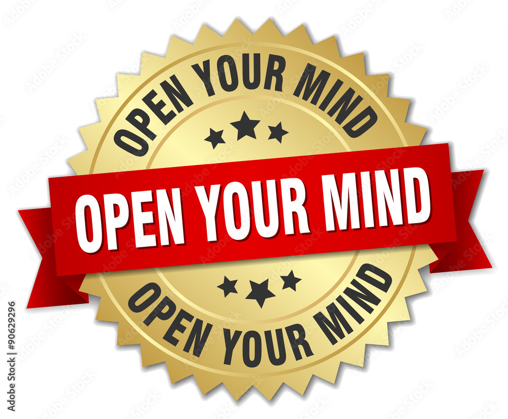 open your mind 3d gold badge with red ribbon open your mind 3d gold badge with red ribbon