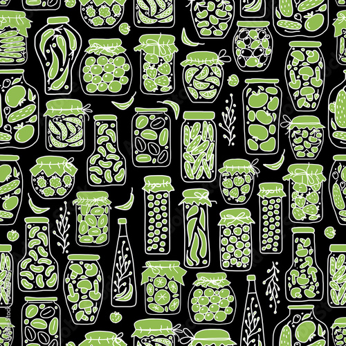 Seamless pattern with pickle jars fruits and vegetables