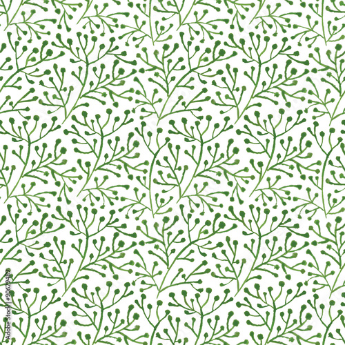 Green watercolor branch on a white background. Seamless pattern.