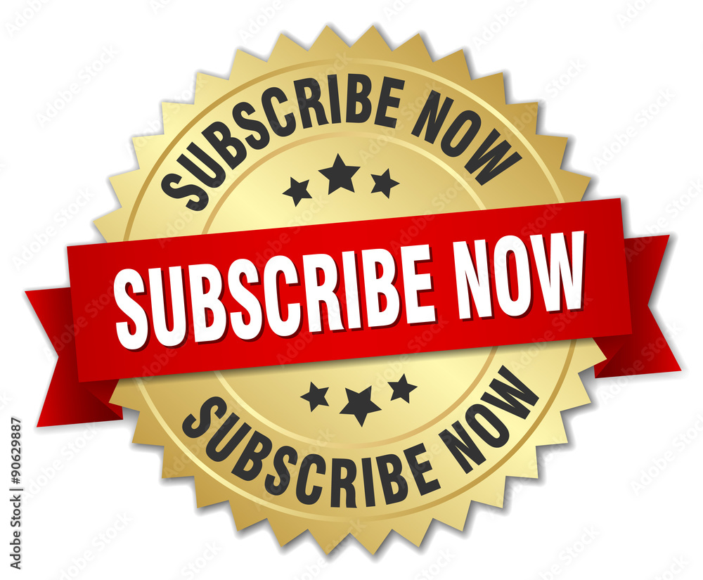 subscribe now 3d gold badge with red ribbon subscribe now 3d gold badge with red ribbon