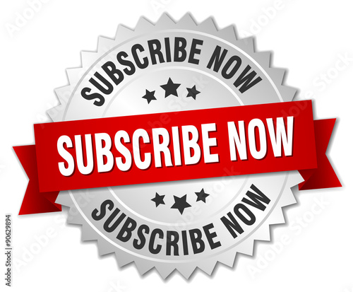 subscribe now 3d silver badge with red ribbon