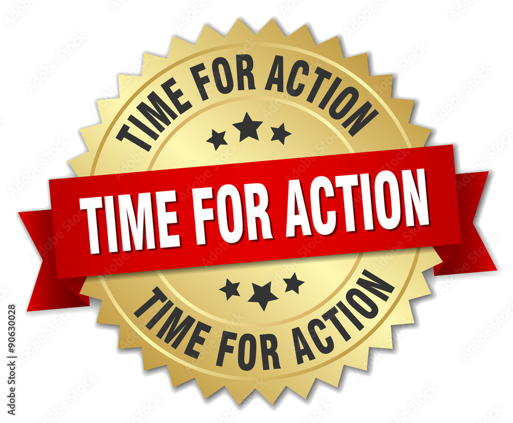 time for action 3d gold badge with red ribbon time for action 3d gold badge with red ribbon