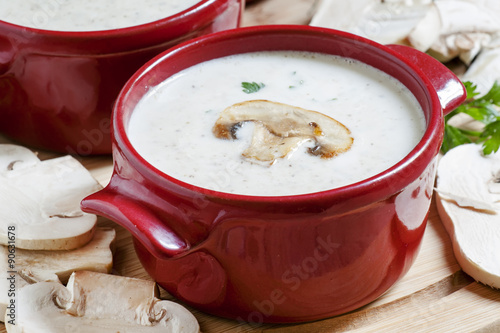 Creamy mushroom soup with mushrooms, selective focus