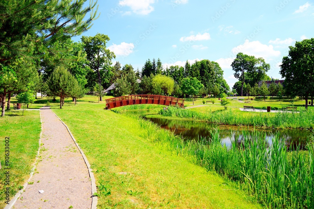 Bridge over pond in Viesintos village Anyksciai district