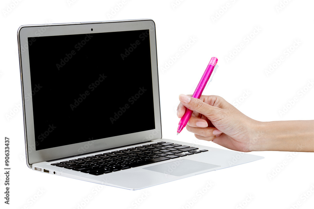 laptop with hand and pen laptop with hand and pen