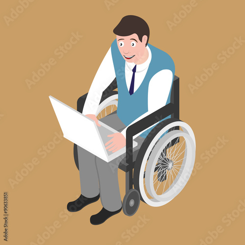 Isometric disabled man on wheelchair working with laptop